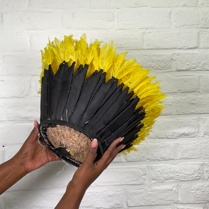 Juju hat medium #05 | CAMEROONDESCRIPTION
 
This yellow Juju hat was handcrafted by the Bamiléké people of Cameroon. Also known as a Tyn hat, this ceremonial headdress was traditionally worn by tJuju hat medium #05Ineza African Interior Art